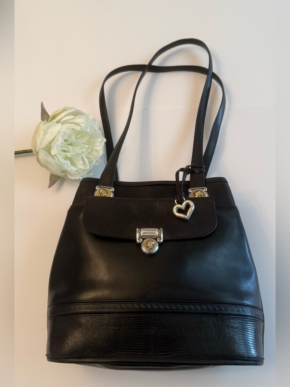 Brighton Vintage Black Leather Crocodile Embossed Trim Shoulder Bag Heart Logo